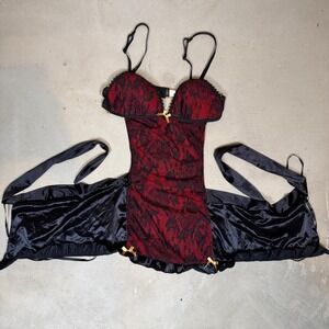 Passion Forever Red Black Lace Chemise Lingerie Satin Bows Gold Trim Size Medium